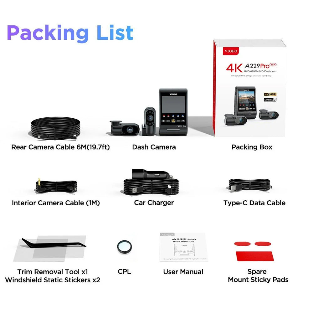 Viofo Dashcam A229 Pro 4 K Front + 2 K Internal + 2 K Rear 5 Ghz Wifi + Gps