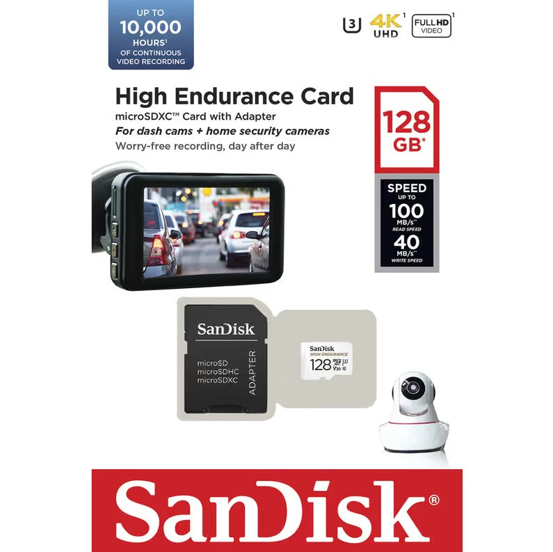 Sandisk High Endurance Micro Sdxc For Dash Cameras 128 Gb (10,000 Hrs) C10 V30 R100 Mb/S | W40 Mb/S