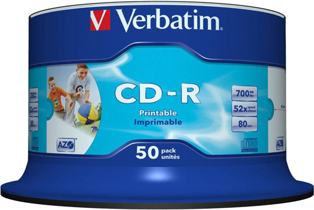 Verbatim CD-R 700MB 52x White Inkjet Printable 50 Pack on Spindle