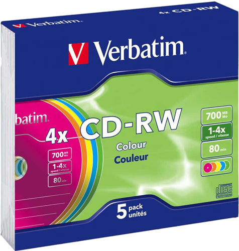 Verbatim CD-RW 700MB 2-4x Multi Colour 5 Pack with Slim Cases