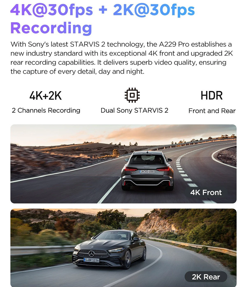 Viofo Dashcam A229 Pro 4 K Front + 2 K Internal 5 Ghz Wifi + Gps