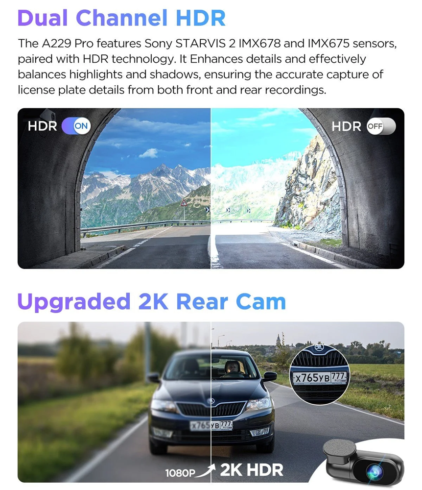 Viofo Dashcam A229 Pro 4 K Front + 2 K Internal 5 Ghz Wifi + Gps