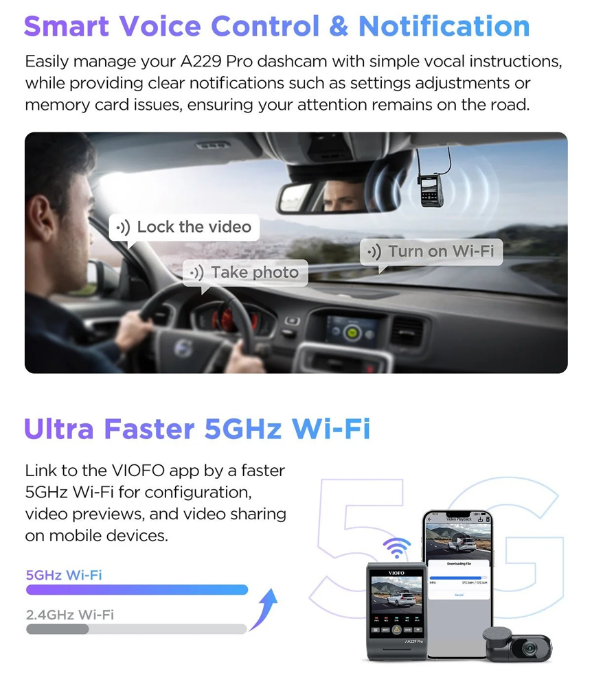 Viofo Dashcam A229 Pro 4 K Front + 2 K Internal 5 Ghz Wifi + Gps