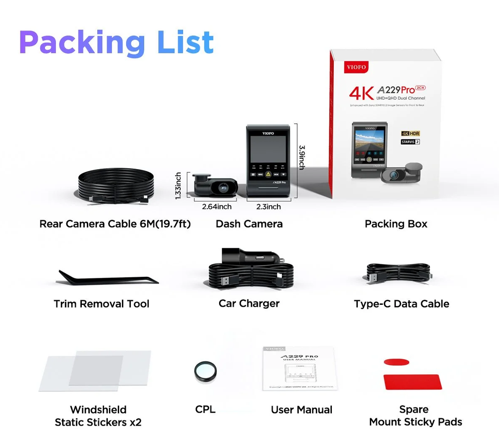 Viofo Dashcam A229 Pro 4 K Front + 2 K Internal 5 Ghz Wifi + Gps