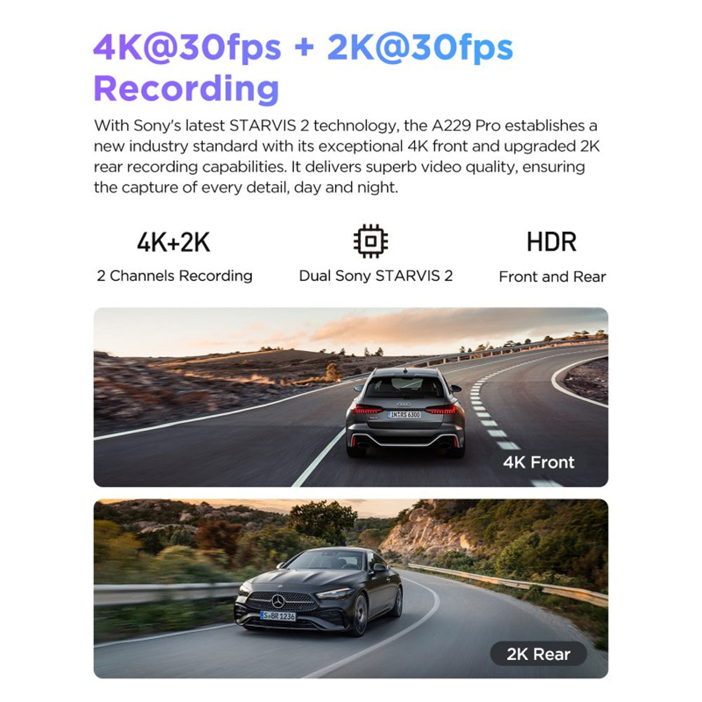 Viofo Dashcam A229 Pro 4 K Front + 2 K Rear 5 Ghz Wifi + Gps