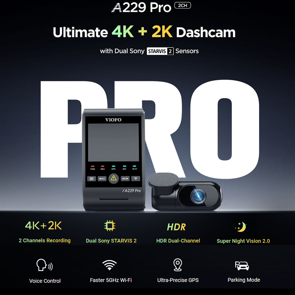 Viofo Dashcam A229 Pro 4 K Front + 2 K Rear 5 Ghz Wifi + Gps