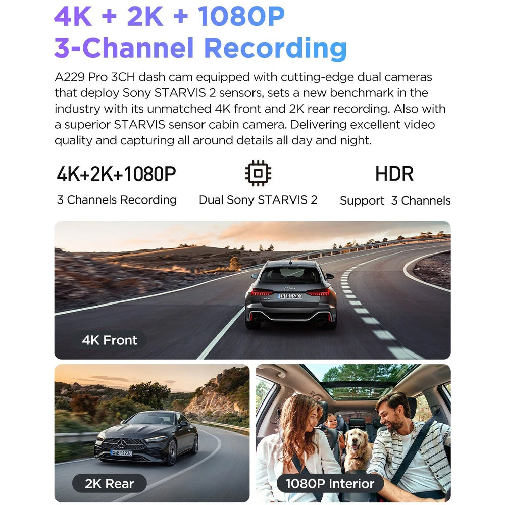 Viofo Dashcam A229 Pro 4 K Front + 2 K Internal + 2 K Rear 5 Ghz Wifi + Gps