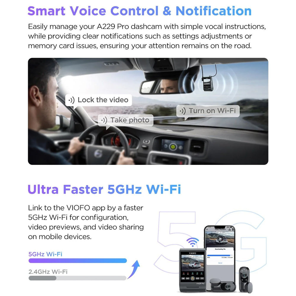 Viofo Dashcam A229 Pro 4 K Front + 2 K Internal + 2 K Rear 5 Ghz Wifi + Gps