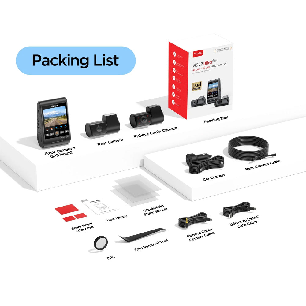 Viofo Dashcam A229 Ultra 4 K Front + 4 K Rear + 1080 P Internal 5 Ghz Wifi + Gps