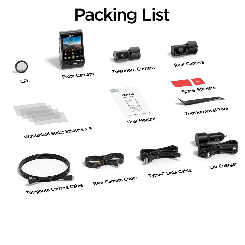 Viofo Dashcam A229 Pro 4 K Front + 2 K Rear + 2 K Telephoto 5 Ghz Wifi + Gps