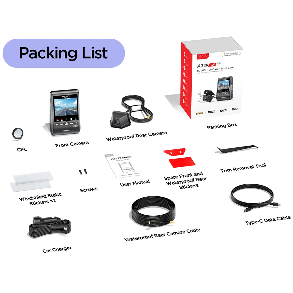 Viofo Dashcam A329 4 K Front + 2 K Waterproof Rear Wifi 6 Gps