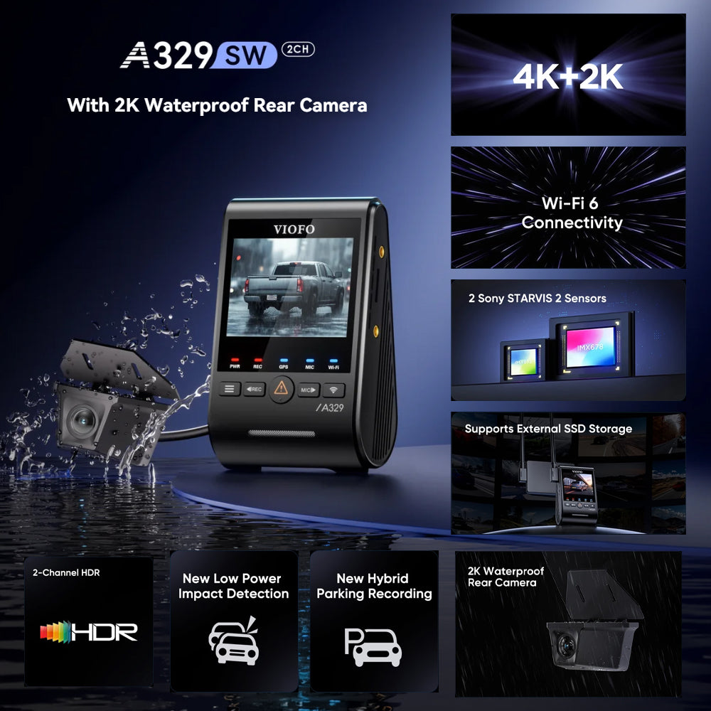 Viofo Dashcam A329 4 K Front + 2 K Waterproof Rear Wifi 6 Gps
