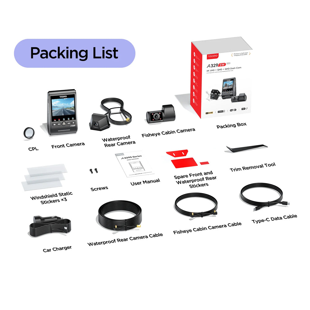 Viofo Dashcam A329 4 K Front + 2 K Fisheye Internal + 2 K Waterproof Rear Wifi 6 Gps