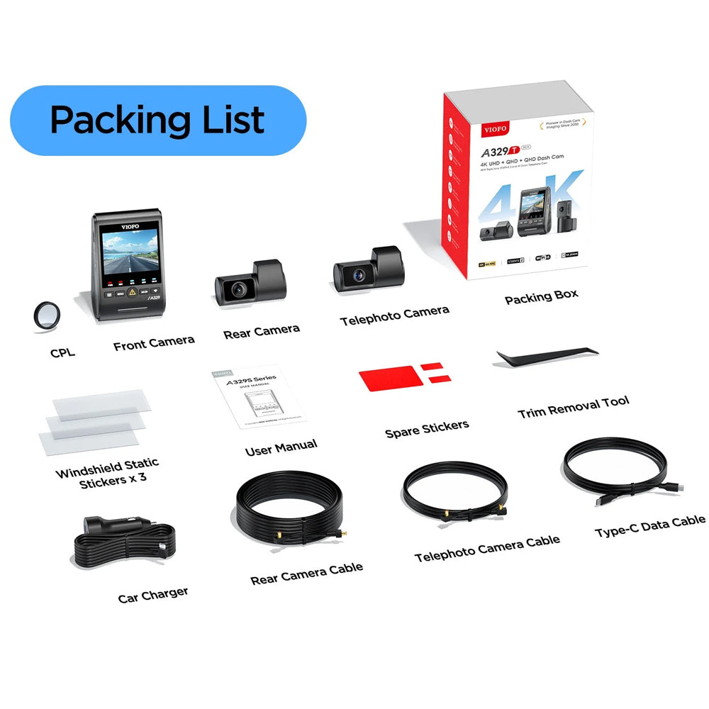 Viofo Dashcam A329 4 K Front + 2 K Rear + 2 K Telephoto Wifi 6 Gps
