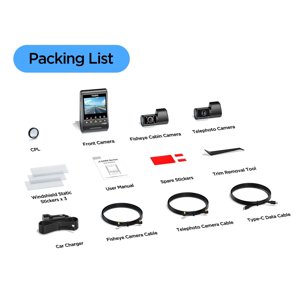 Viofo Dashcam A329 4 K Front + 2 K Telephoto + 2 K Internal Rear Wifi 6 Gps