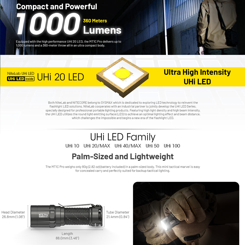 Nitecore Mt1 C Pro 1000 Lumen Ip68 Edc Torch 505 Yards Throw
