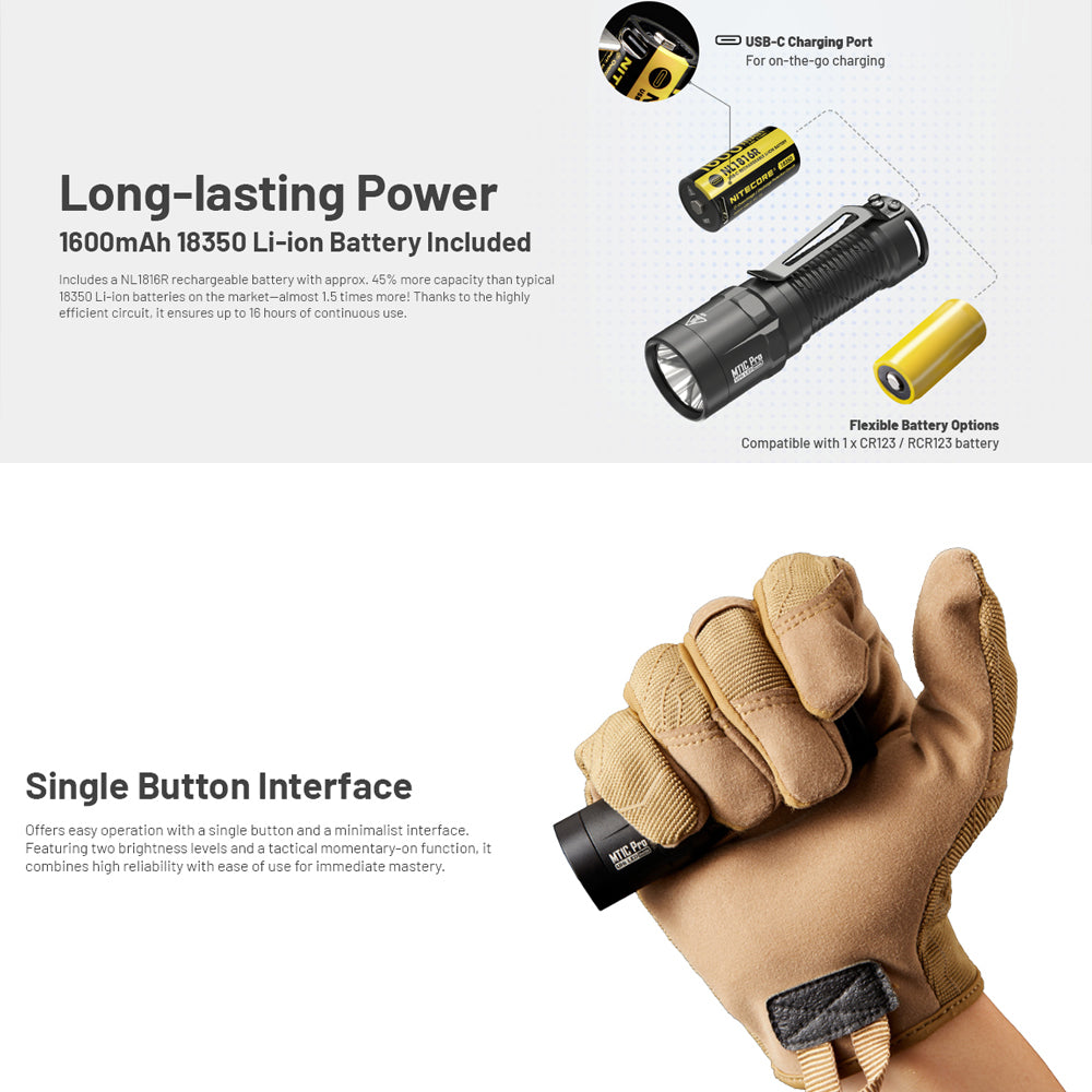 Nitecore Mt1 C Pro 1000 Lumen Ip68 Edc Torch 505 Yards Throw