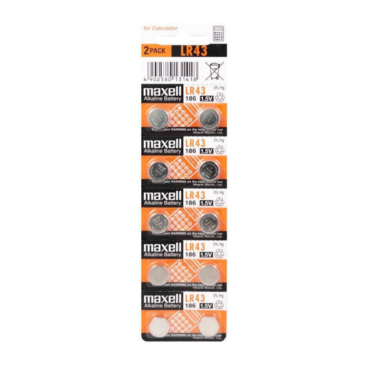 Maxell Alkaline Battery Lr43 10 Pack 1.5 V Retail Packaging