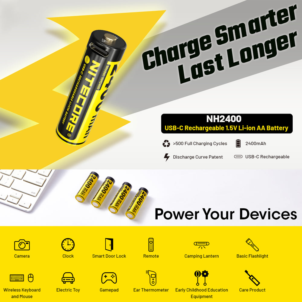 Nitecore Li Ion Rechargeable Usb C Aa Battery 2400 Mah 1.5 V 2 Pk
