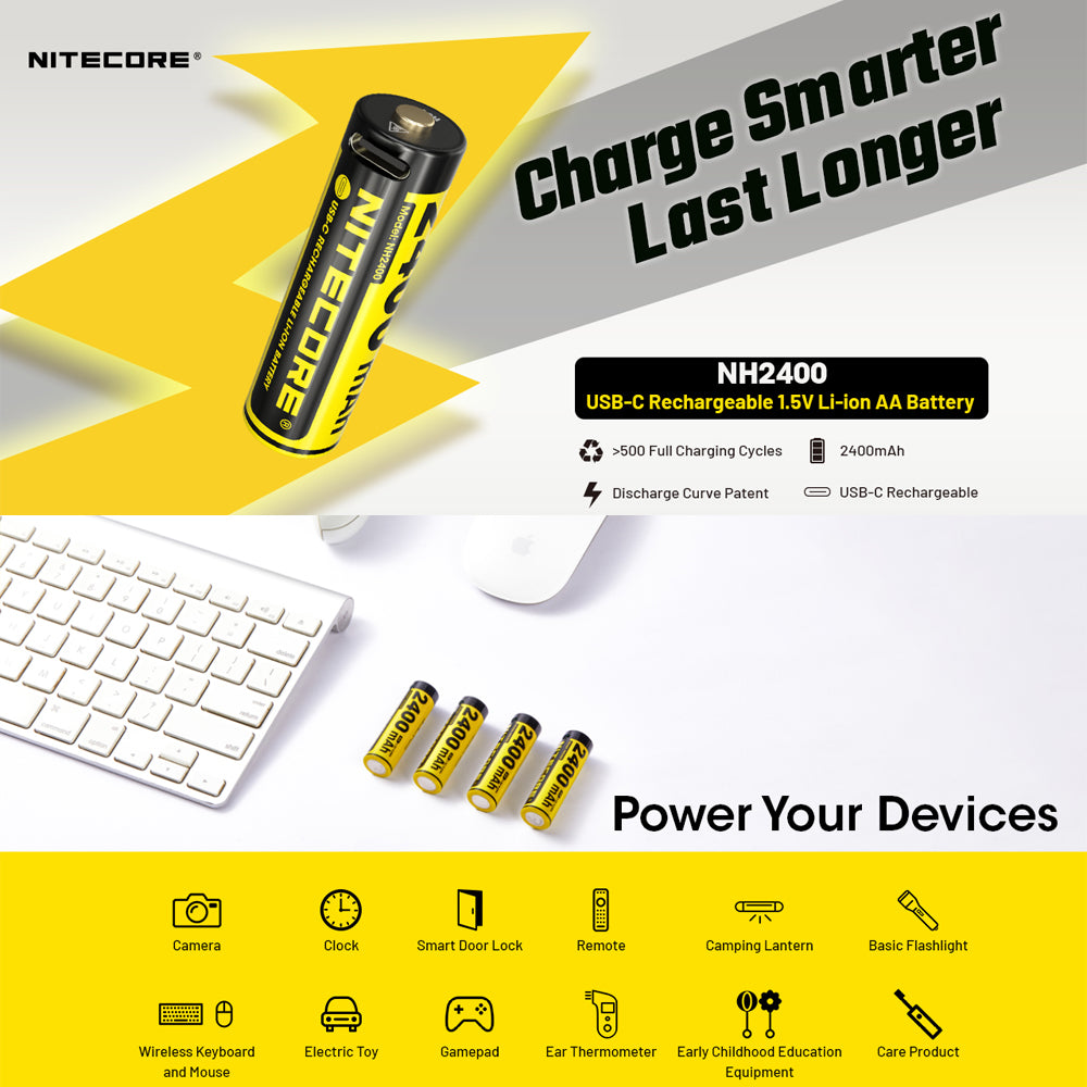 Nitecore Li Ion Rechargeable Usb C Aa Battery 2400 Mah 1.5 V 4 Pk