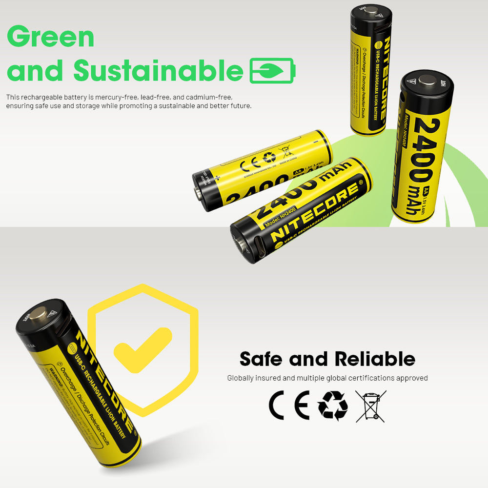 Nitecore Li Ion Rechargeable Usb C Aa Battery 2400 Mah 1.5 V 4 Pk