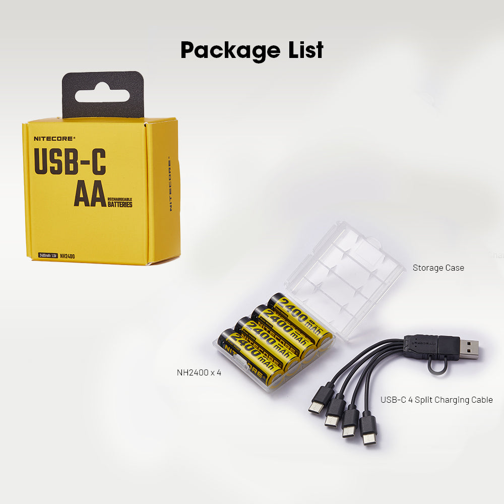 Nitecore Li Ion Rechargeable Usb C Aa Battery 2400 Mah 1.5 V 4 Pk