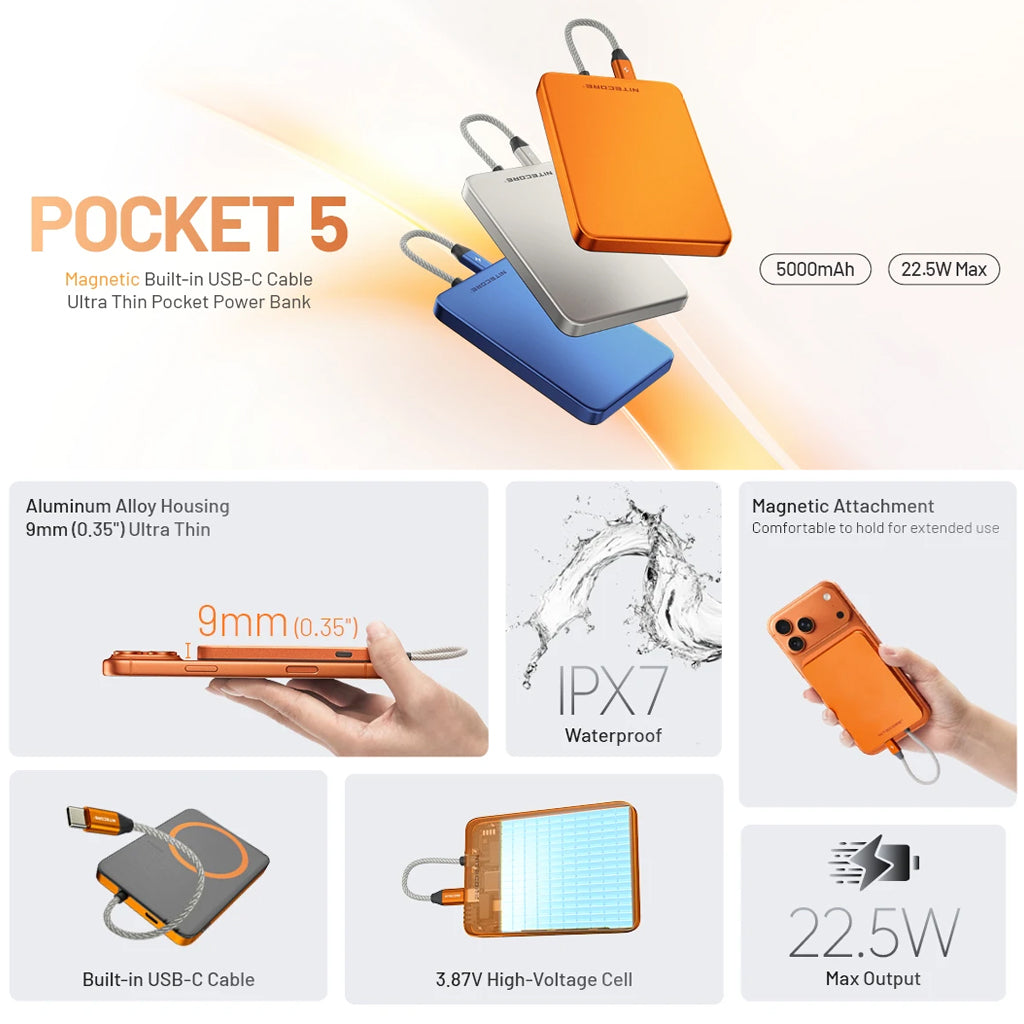 Nitecore 5,000 Mah Magnetic Ultra Thin Power Bank Built In Usb C Cobalt Blue