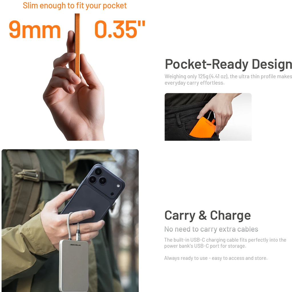 Nitecore 5,000 Mah Magnetic Ultra Thin Power Alloy Bank Built In Usb C Orange