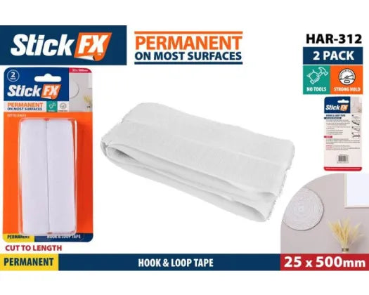 Stick FX 2pce Hook and Loop Tape 2.5x500mm WHITE