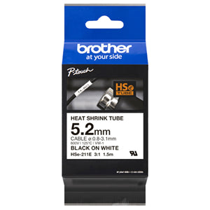 Brother HSe-211E 5.2mm x 1.5m Black on White Heat Shrink Tape